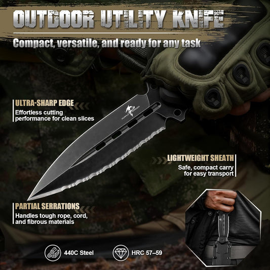Fixed Blade Knife with Kydex Sheath- Utility Knife Black | 440C Steel, Full Tang Handle, for Camping, Hiking, Bushcraft & Outdoor, Gift Box