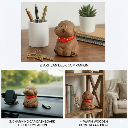 Hand-Carved Wooden Teddy Dog Figurine, 2.7" Brown Puppy Statue with Base for Car Dashboard, Desk & Home Decor, Gift for Dog Lovers
