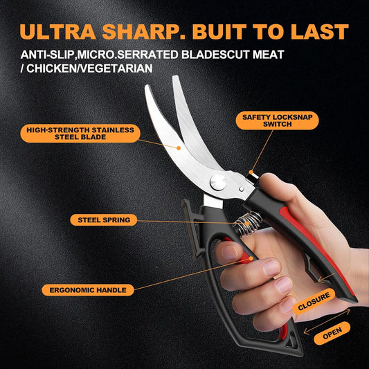 Poultry Shears, Multi-Purpose Kitchen Scissors with Non-Slip Handles and Stereoscopic Display, Suitable for Meat, Turkey, Bones, Fish, and Vegetables, Dishwasher Safe, Red