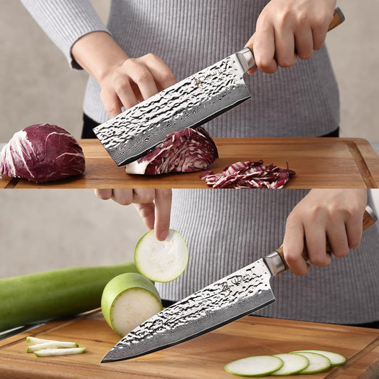 Wakoli EDIB 3-Piece Damascus Knife Block Set with Magnetic Knife Block – Chef Knives Set with 3.4" - 6.7" Blades, 67-Layer Damascus Steel (VG10 Core), Kitchen Knives with Pakkawood Handles