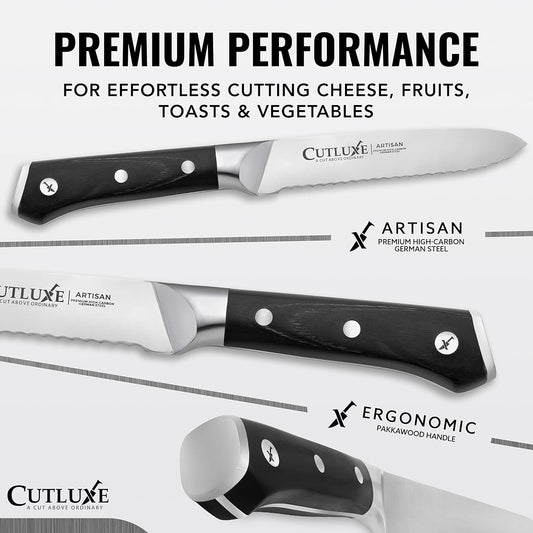 Cutluxe Serrated Kitchen Utility Knife - 5" Tomato Knife – Ultra Sharp Blade, Ergonomic Handle, Full Tang, Forged High Carbon German Steel – Artisan Series
