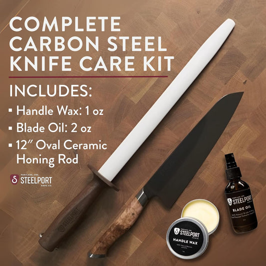 STEELPORT Knife Maintenance Gift Set | 12” Oval Ceramic Honing Rod, Carbon Steel Knife Care Kit (Camellia Oil, Handle Wax) | USA Made Professional Blade Maintaining, Wood Conditioning Oil, Wax Set