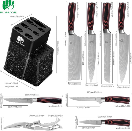 FULLHI 14pcs Block Knife Set, Chef's Knife Steak Knives Set with Block and Sharpener, Kitchen Knife Set, Multi-colour Handle, Gifts for Men Women