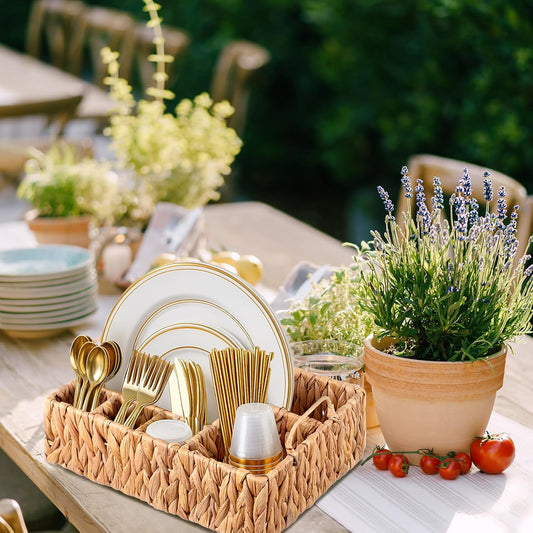 LemonRoad Wicker Utensil Caddy 6 Compartments Water Hyacinth Large Silverware Caddy with Handles Cutlery Basket Napkin Holder Boho Woven Flatware Organizer for Party Picnic Kitchen Countertop Hosting