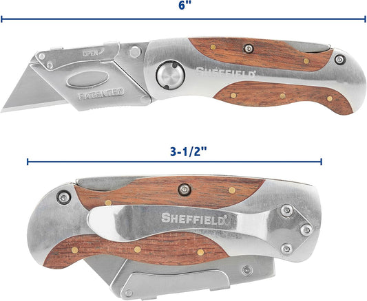 Sheffield 12115 Folding Utility Knife, Stocking Stuffers, Gifts for Men, Dad Gifts, Quick-Change Utility Knife Blades, Lightweight Hardwood Handle, Box Cutter, Cardboard Cutter