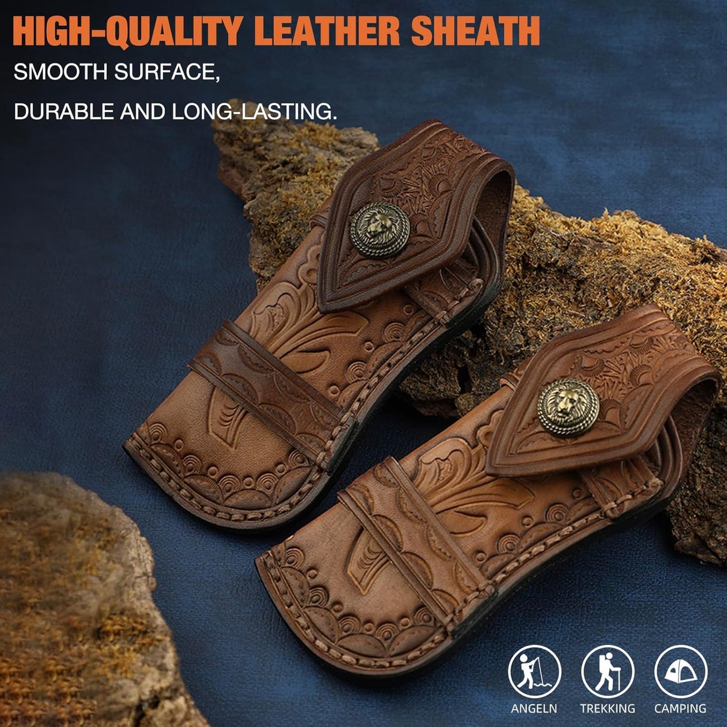 Omesio Pocket Knife Sheath Big (L), 5.28" (for <13.41cm knife) Leather Knife Sheaths for Belt, Horizontal Knife Sheath for Belt Sideways, Brown Leather Sheath for Folding Knife