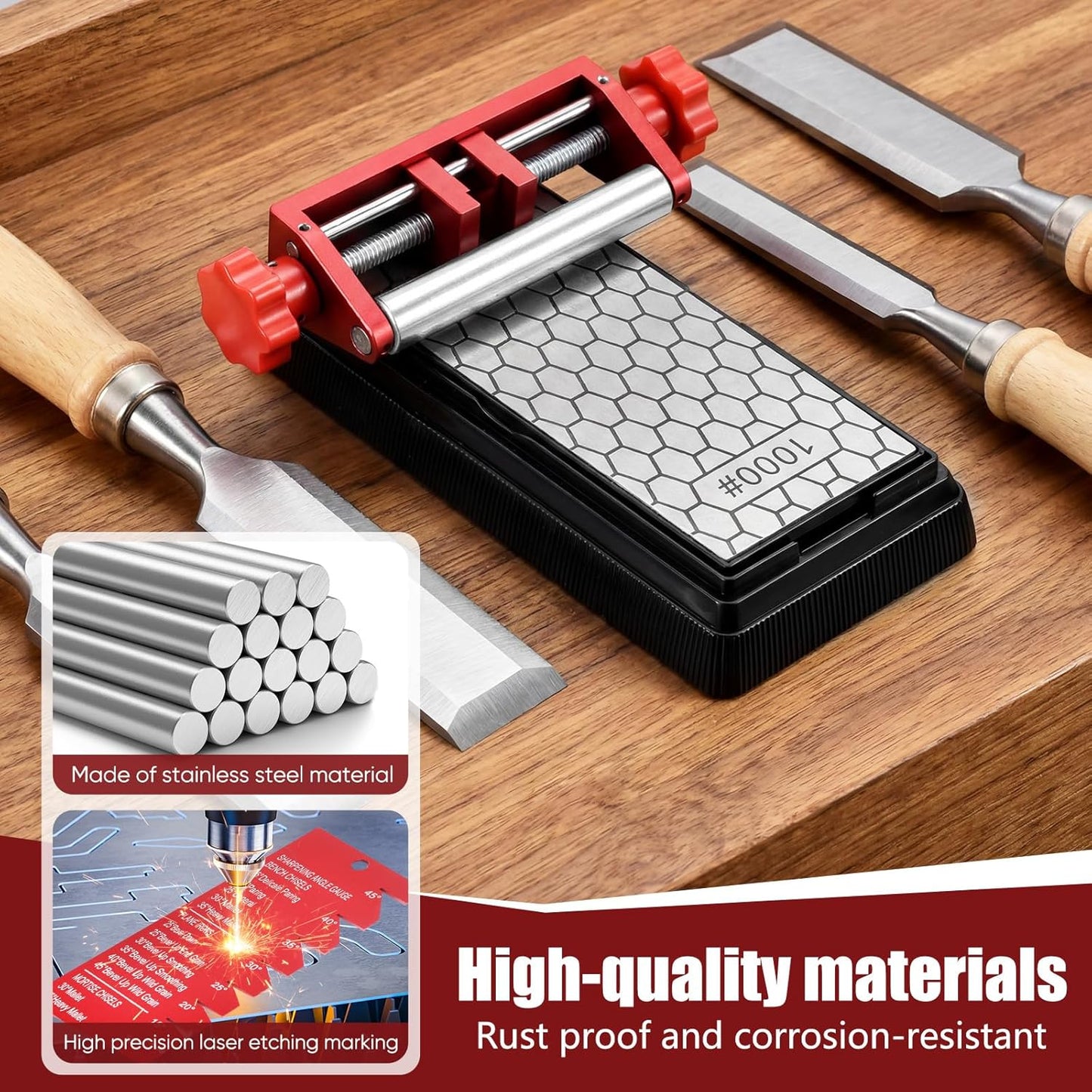 Precision Chisel Sharpening Jig & Guide, with Angle Fixture & Gauge (10-45) Sharpener for Wood Chisels and Plane Blades up to 2.8" Width