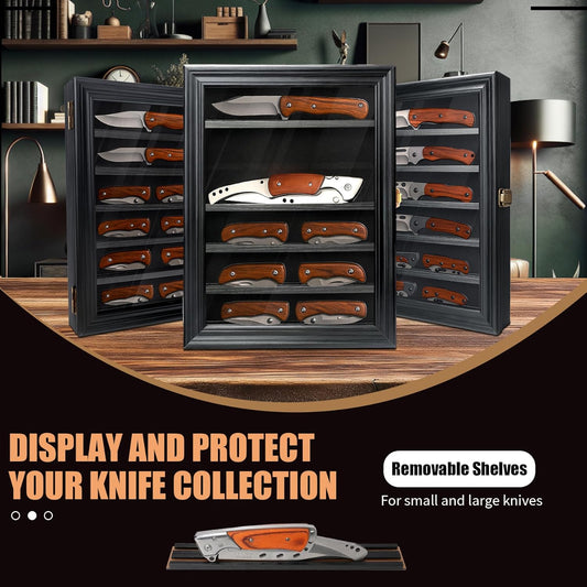 Knife Display Case for Wall, Pocket Knife Display Box with HD Tempered Glass, 6 Rows Military Folding Knives Shadow Box with Removable Shelves - 10.9"W x 13.8"H x 2.1"D, Walnut