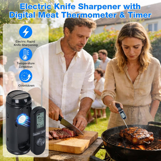 3-in-1 Cordless Electric Knife Sharpener & Digital Meat Thermometer Timer Combo, 2-Stage Professional Sharpener (400/800#), Type-C Rechargeable, Portable for Home, RV & Camping