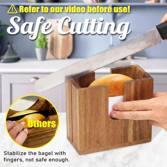 Adjustable Bagel Slicer Holder | Bamboo Bagel Cutting Holder with Width Adjustable Slots for Small & Large Bagels, Buns & English Muffins, Knife Groove for Long Bread Knife + Non-Slip Base