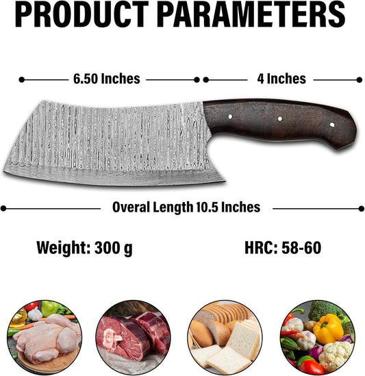 RYOBA Cleaver Knife, Butcher Knife, Meat knife, Cleaver Chef knife, Meat Cleaver Knife, 7 Inch Damascus Meat Cleaver Butcher Knive For Meat Cutting With Pakkawood Handle & Leather Sheath