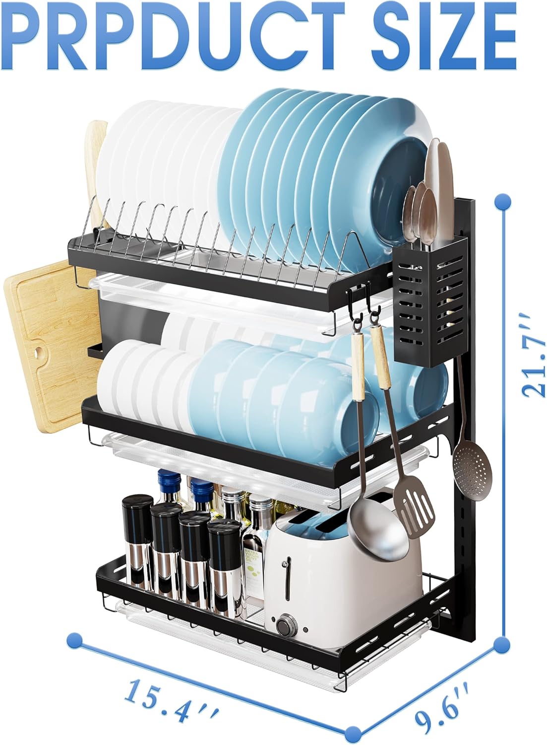 Dish Drying Rack, Over The Wall Mounted Dish Drying Rack, Stainless Steel Dish Rack, Large Storage Drying Rack for Kitchen, Dish Drainer with Utensil Holder-2 Tier