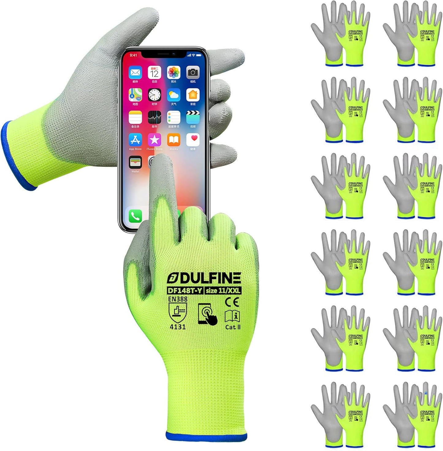 DULFINE Safety Work Gloves PU Coated-12 Pairs,Red Seamless Knit Glove with Polyurethane Coated Smooth Grip on Palm & Fingers, for Men and Women, Ideal for General Duty Work (Large)