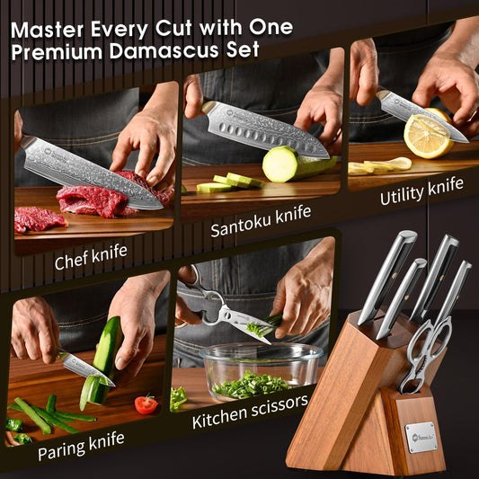 Sunnecko Damascus Knife Set with Block,67-Layer Damascus Steel Kitchen Knife Set with VG-10 Core,Full Tang 7 PCS Japanese Chef Knives with 15° Precision Edge,Professional Chef Knife Set for Kitchen