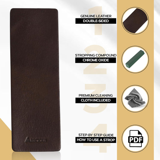 Leather Strop for Knife Sharpening – Premium Two-Sided Leather Strop with Green Honing Compound & Cleaning cloth – Razor Sharp Edge for Knives, Chisels, Axes, Plane Blades & Tools