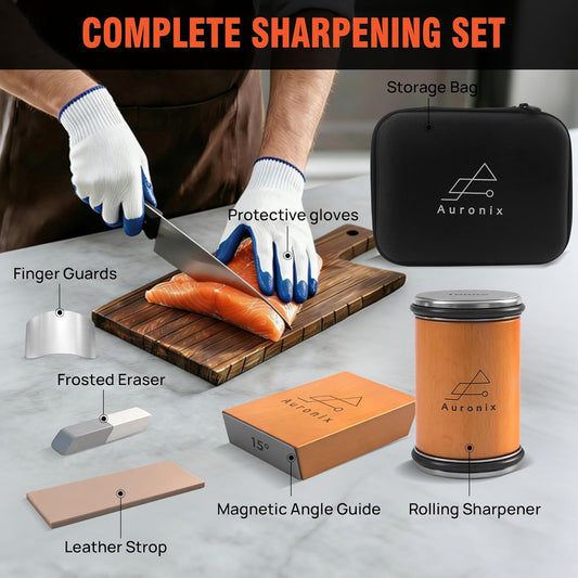 Rolling Knife Sharpener Kit — 15°/20° Magnetic Angle Guide, 1000 & 3000 Grit Diamond Discs, Leather Strop, Finger Guard & Carry Case | Professional Kitchen Knife Sharpening Set
