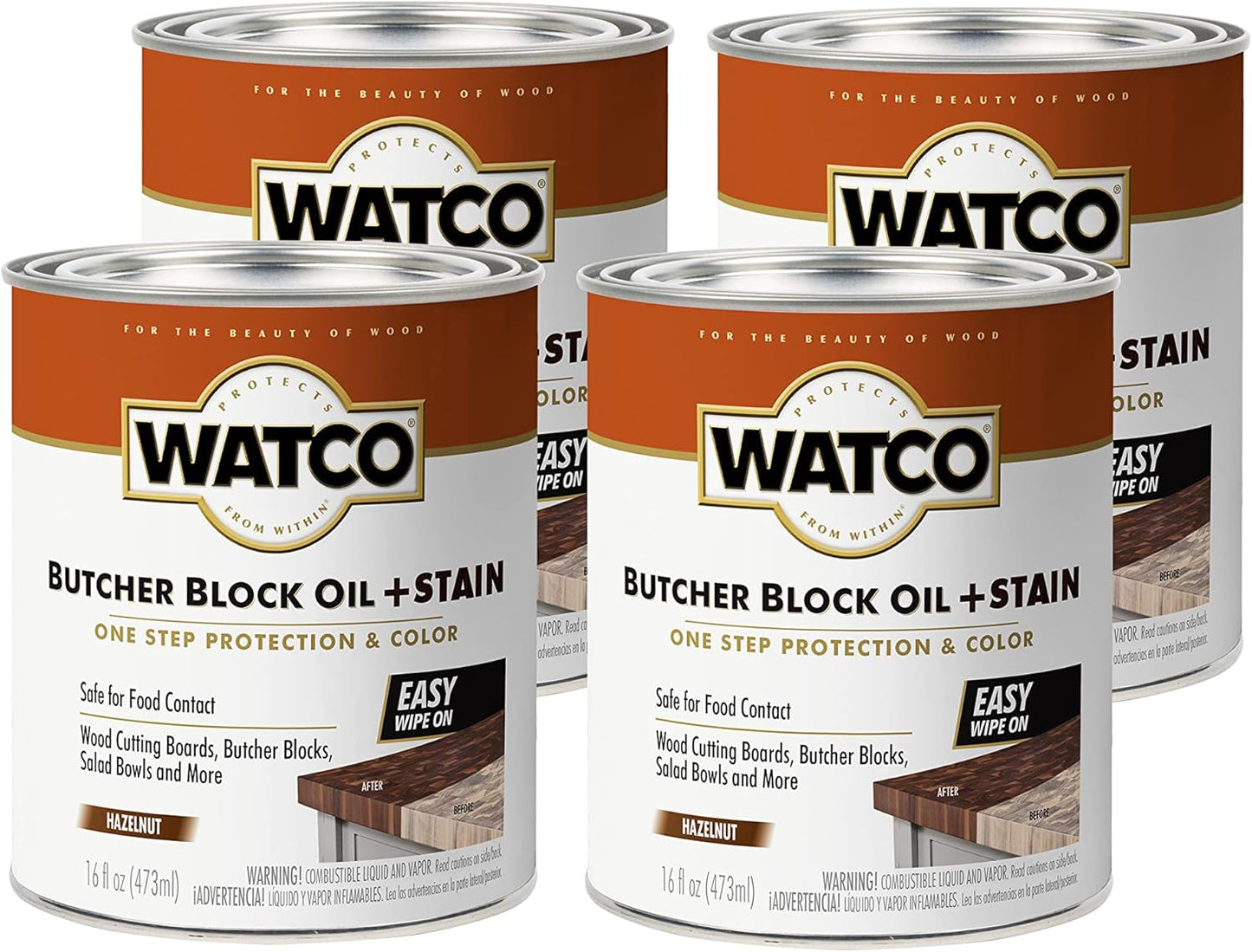 Watco Butcher Block Oil + Stain | Safe for Food Contact | Durable Protection | Easy Wipe‑On Application | Hazelnut | Pint