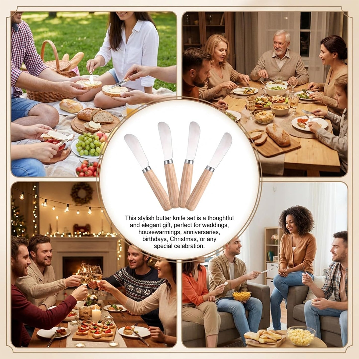 4 PCS Cheese Spreader, Stainless Steel Blade Butter Spreder Knife Wooden Handle Butter Knives Spreaders for Smooth Spreading Cheese Cream Jam Sandwiches Peanut Kitchen Utensils