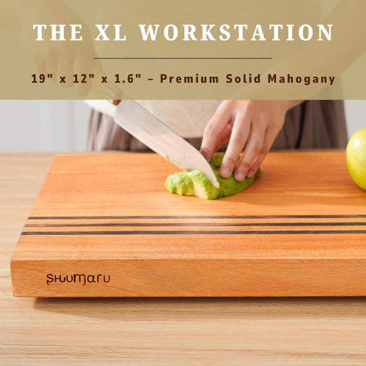 SHUMARU Mahogany Edge-Grain Cutting Board 19×12×1.6″ – Handmade in Bali with Black Sono Wood Inlays, Knife-Friendly, Non-Slip Feet & Ergonomic Handles – Luxury Gift for Chefs & Food Lovers