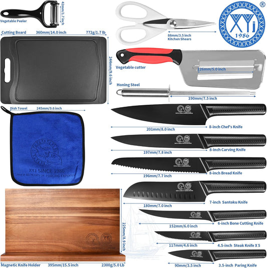 XYJ Authentic Since 1986,Kitchen Knife Block Set,11Pcs Knives with Magnetic Knife Block, Sharpener Rod, Scissors, Gloves, Paring Boning Steak Slicing Santoku Chef Knives,Ergonomic Handle