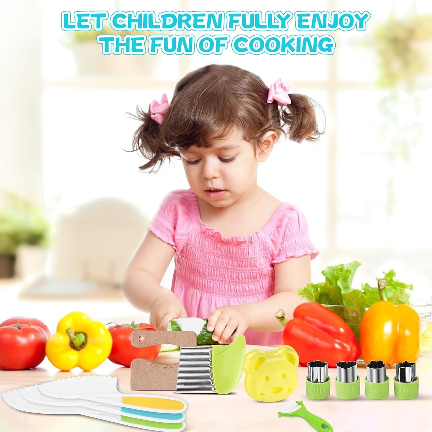 9PCS Montessori Kitchen Tools Cookware Baking Toy, Kids Knife Set for Real Cooking with Cutting Boards, Crinkle Cutte, Y Peeler, Serrated Edges Plastic Toddler Knife Kid Safe Knives
