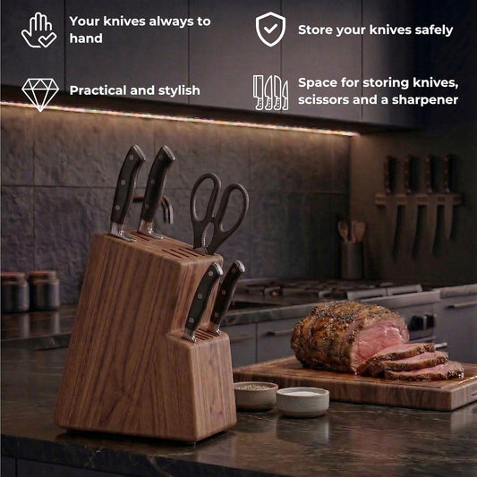 Kitchen knife holder elegant & sturdy (15 slots). Universal knife block with slots for knives, scissor and sharpenner. Knife Block without Knives. Kitchen knife holders for counter top. (Acacia)