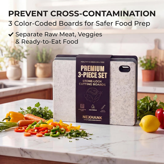 Cutting Boards for Kitchen, BPA-Free Plastic Cutting Boards Set of 3, Reversible, Non-Slip, Dishwasher Safe, Color-Coded for Meat, Vegetables & Fruit, Stone White, Grey & Dark Grey