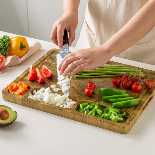THETCHRY Teak Wood Cutting Boards for Kitchen, Large Charcuterie Board with Handle, 1" Thick Butcher Block, End Grain Cutting Board, Reversible Wooden Chopping Board for Meal Prep & Serving, 17"×13"
