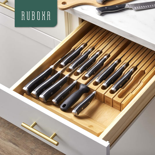 High-Grade 100% Bamboo Knife Drawer Organizer - 12 Slots Plus Sharpener, Secure, Practical, Eco-Friendly Knife Block