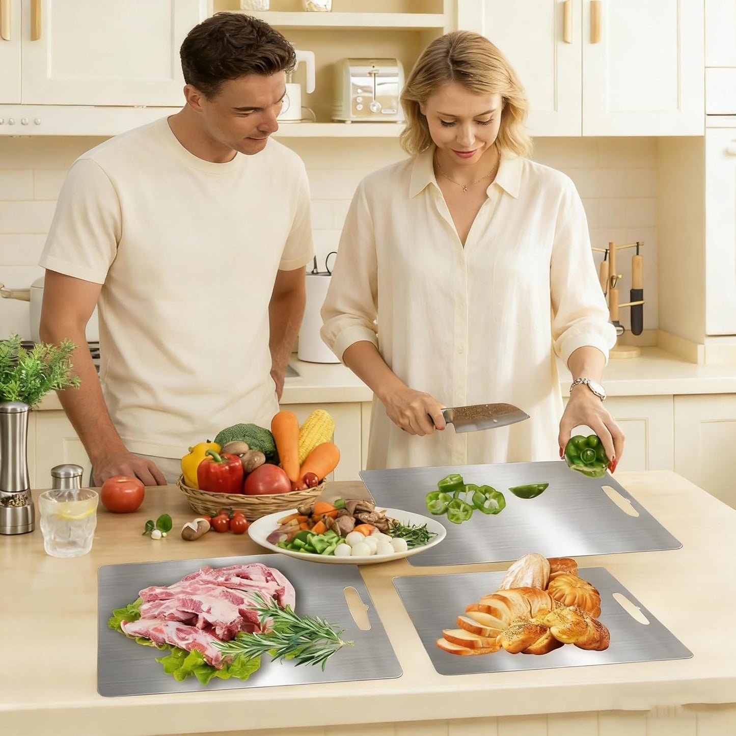 4PCS Titanium Cutting Board Set, 100% Pure Titanium Cutting Boards for Kitchen, Double-Sided Metal Chopping Board for Meat Fruit Vegetables, Dishwasher Safe & Non Toxic, Multi-Size for Home Camping