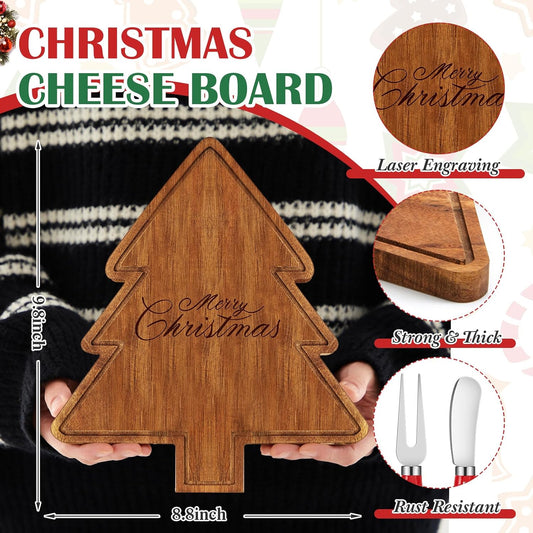 Ziliny 1 Set Mini Christmas Tree Cheese Board Set with Knives, Holiday Xmas Tree Cutting Board Wood Small Charcuterie Serving Tray Gift for Xmas Party Kitchen Decoration (Bamboo Color)