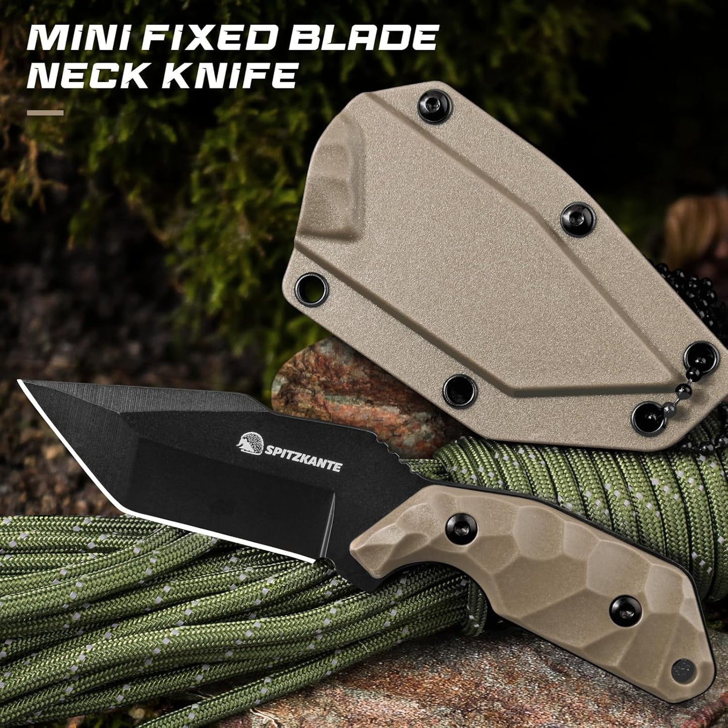3.07" Neck Knife with Sheath X-TAN-K, Horizontal Carry Knife with Full Tang Tanto 5Cr14MoV Steel Blade, for EDC, Camping, Hiking