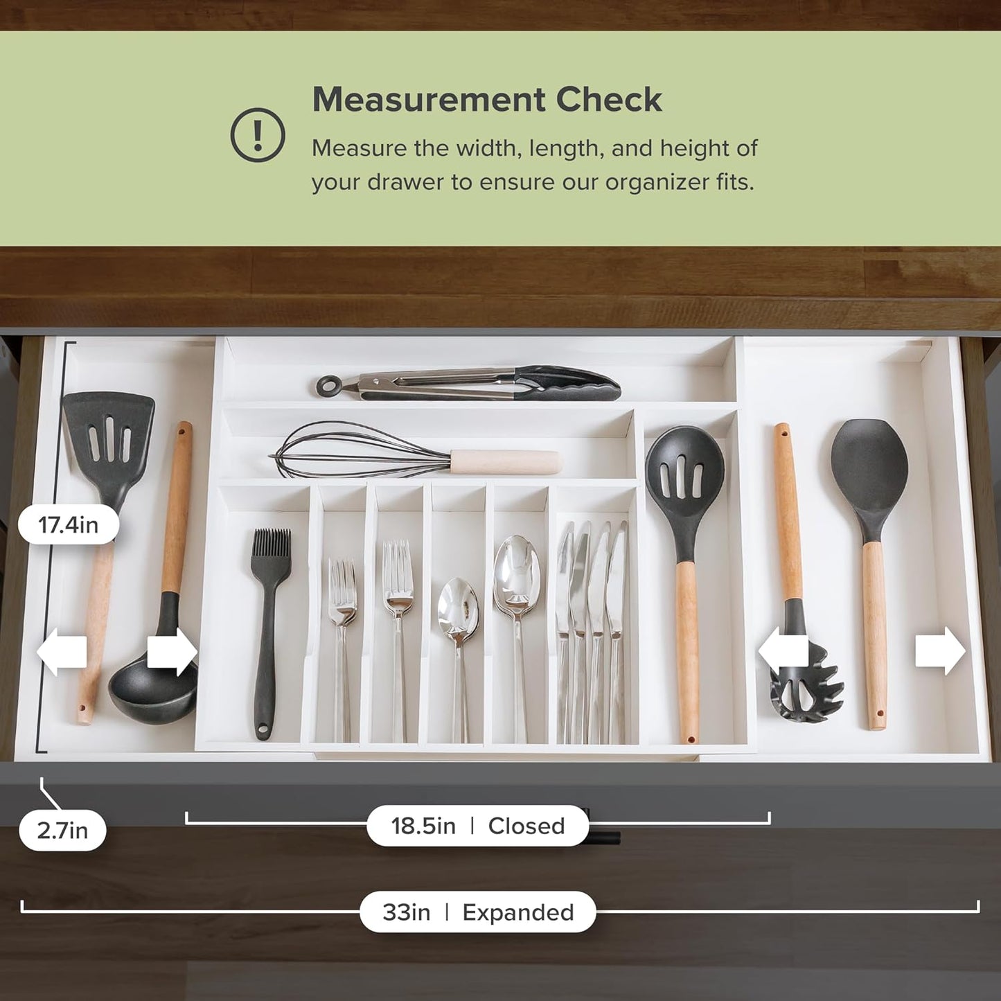 KitchenEdge Premium Silverware, Flatware and Utensil Organizer for Kitchen Drawers, Food-Safe Contract Grade, Expandable from 18 to 33 In, Natural Bamboo