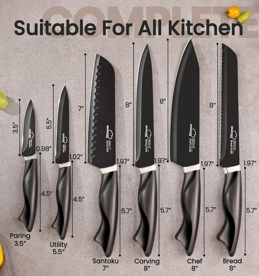 Knife Set, 15 Pieces Kitchen Knife Set with Built in Sharpener, German High Carbon Stainless Steel Knife Block Set, Dishwasher Safe, Black