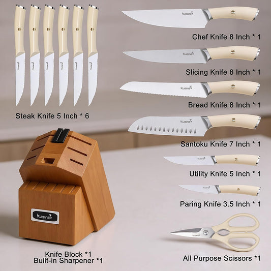 KUISINE Upgraded Chef Knife Set,High Carbon Stainless Steel Ultra Sharp Blade Ergonomic Handle,Kitchen Knife Block Set with Built-in Sharpener,Elegant Gift for Holiday(Silver Black,15PCS)