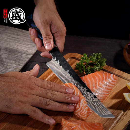 MITSUMOTO SAKARI 8 Inch Kiritsuke Knife - Japanese VG-10 Damascus Steel Hand-Forged Chef & Sushi Knife for Sashimi & Precision Tasks
