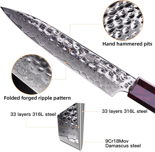 FINDKING Eternity Series Japanese Kiritsuke Knife with ABS sheath, Multi-Purpose Gyuto Chef knife, 9Cr18MoV Damascus Steel Blade, Resin Octagonal Handle, for Meat, Fruits, Vegetables,9 Inches