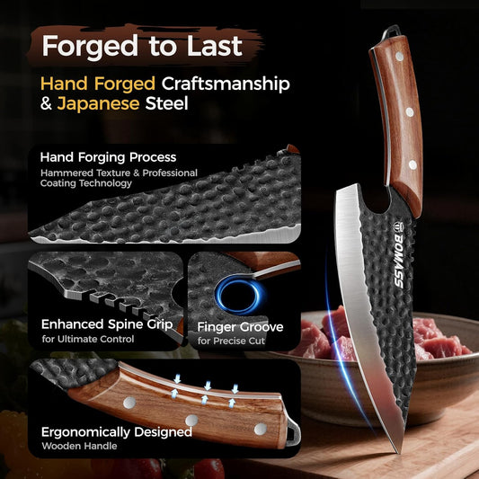Kitchen Knives, Hand Forged Japanese Knife Set 3Pcs, High Carbon Chef Knife & Santoku Knife & Boning Knife & Honing Rod for Home Kitchen, BBQ, Outdoor Cooking