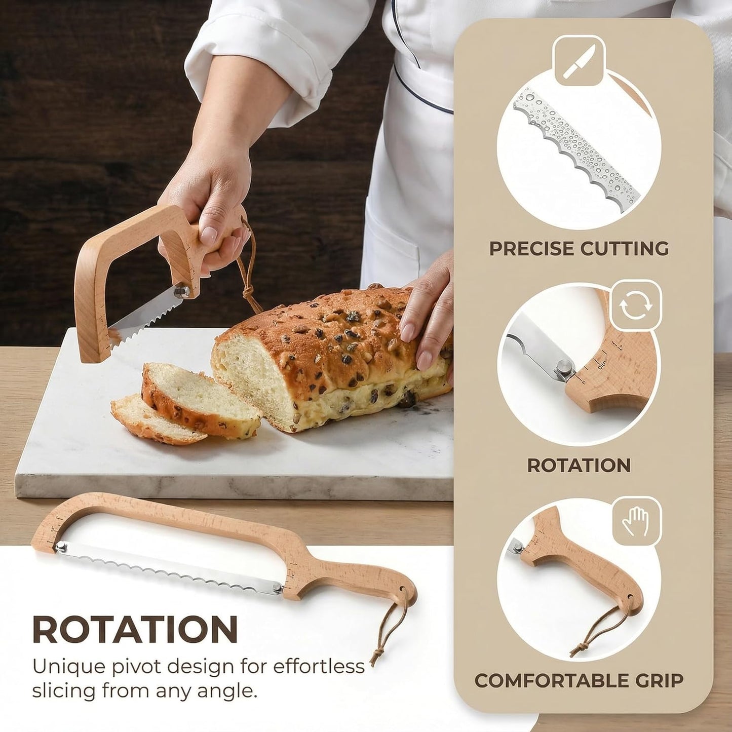 360° Rotatable Blade Wooden Bread Knife, Left-Hand Friendly, Bread Slicer, Bread Bow Saw