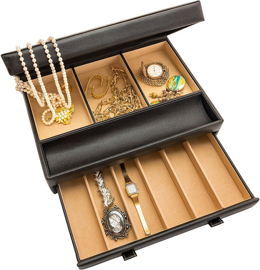 Stock Your Home Mens Valet Tray, Men's Jewelry Box, Night Stand Organizers and Storage, Bedside Table Organizer, Watch Box for Dresser, Faux Leather (Black & Gray)