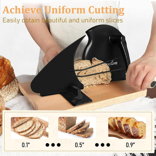 Brvclon Manual Bread Slicer Adjustable Thickness, Hand Crank Bread Slicer for Homemade Sourdough Bread with Scale Line & Suction Cup & Metal Guide,Quality Solid Wood Base & Gift-Level Packaging