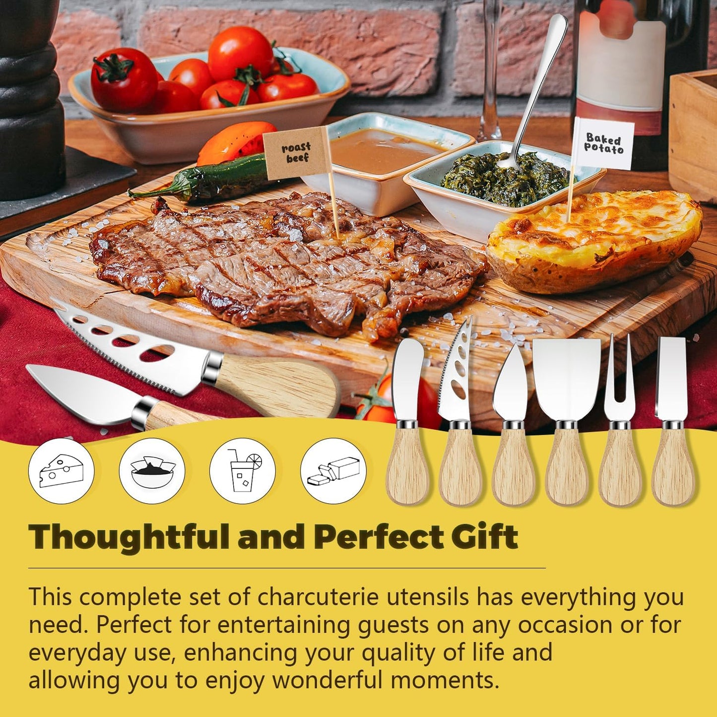 Charcuterie Boards Accessories Gold Charcuterie Utensils Cheese Butter Spreader Knife Set with Wooden Handles Small Serving Tongs Mini Forks and Spoons Flags Toothpick for Party Platter Appetizers