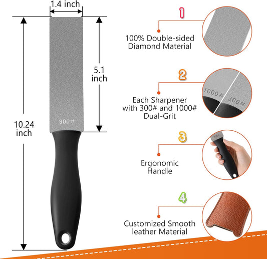 Feekoon 2 Pcs Dual Grit Diamond Sharpening Stone File Coarse 300# /Extra Fine 1000# Grit with Leather Sleeve Garden Tool Blade Sharpener for Knife, Axe, Lawn Mower Blade, Shears, Chisel Spade (Orange)
