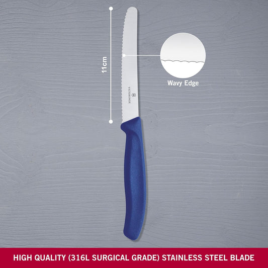 Victorinox 6.7832 Swiss Classic Tomato and Table Knife Ideal for Cutting Fruits and Vegetables with Soft Skin Serrated Blade in Blue, 4.3 inches