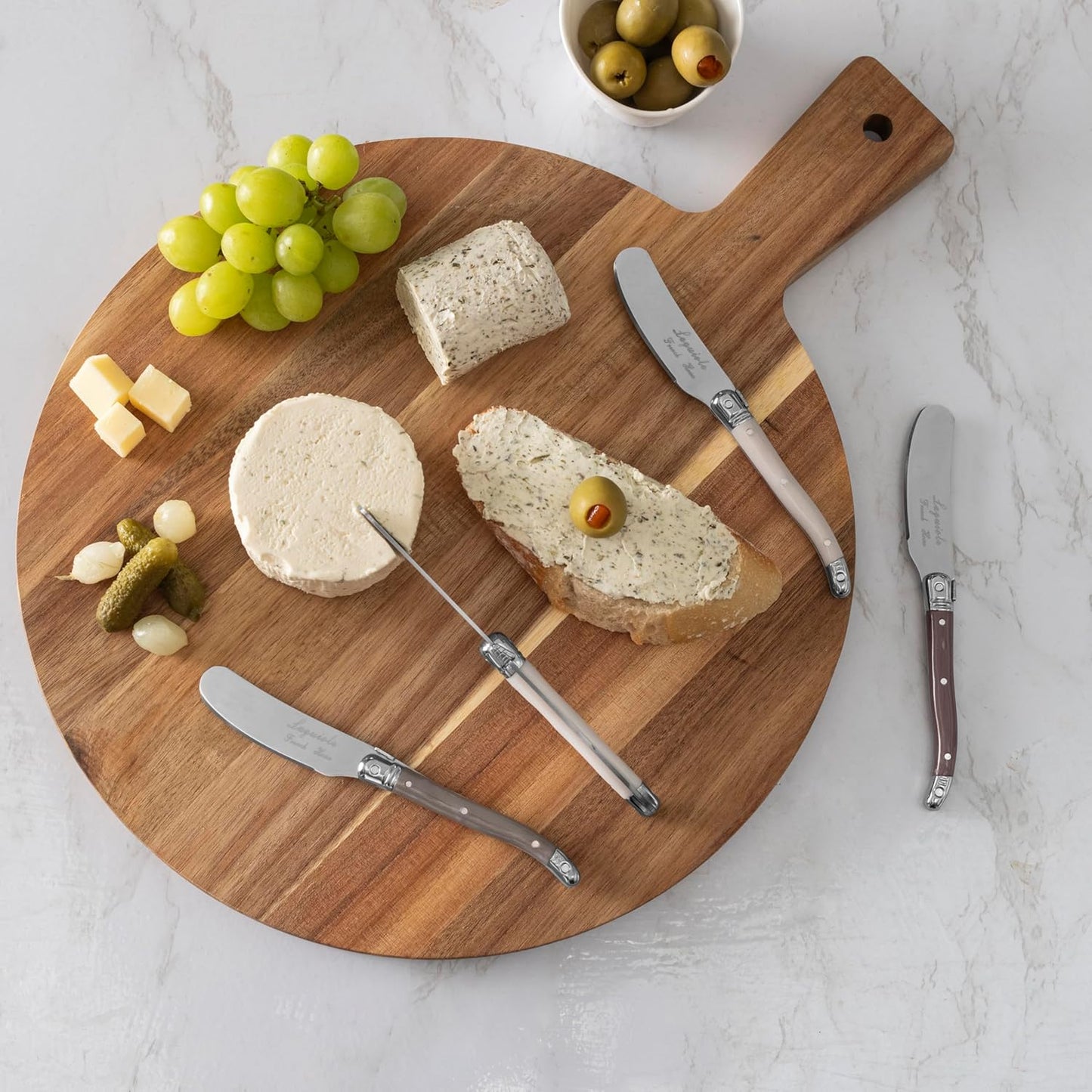 French Home Laguiole Spreader Set – 8 Piece Cheese & Butter Spreader Set with Blue and Cream Handles – Elegant & Practical Charcuterie Tools (6.25")