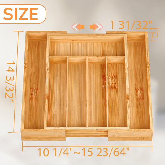 BAMEOS Expandable Silverware Drawer Organizer with Removable Knife Blocks, Bamboo Kitchen Utensil Holder from 21" to 36", Large Cutlery Tray with Divider for Forks, Spoons, Knives