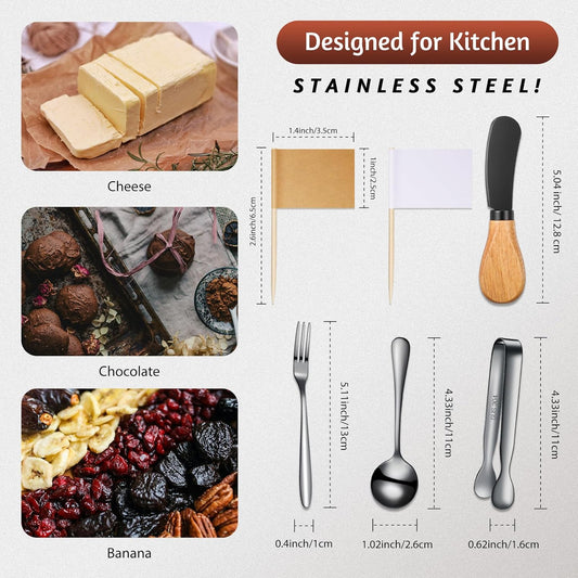 Cheese Butter Spreader Knives Set Charcuterie Accessories Stainless Steel Spreader Knives with Wooden Handles Charcuterie Boards Utensils Mini Serving Tongs Spoons and Forks (Gold,14 Pieces)