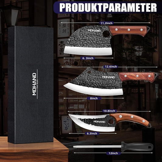 MDHAND Butcher Knife Set, 18PCS Hand Forged Serbian Chef Knife Set with Bag, Full Tang Kitchen Knife Sets with High Carbon Steel, Meat Cleaver Butcher Boning Knife for Brisket Trimming, Gift for Men