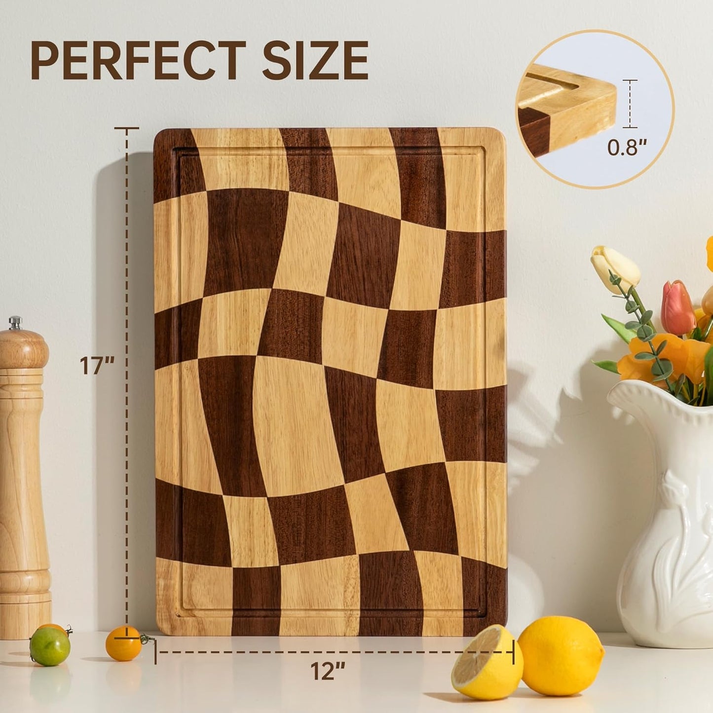 THETCHRY Cutting Boards for Kitchen, Checkered Cutting Board with Juice Grooves, End Grain Cutting Board for Meat and Vegetables, Large Butcher Block Serving Tray with Gift Box, 16.5" x 11.6" x 0.8"