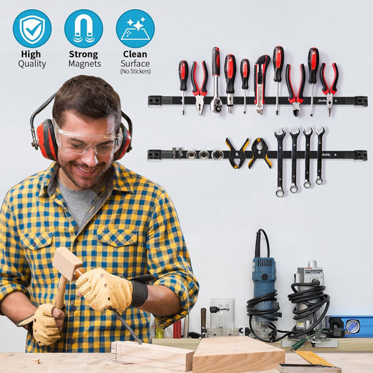 6 Pieces 12" Magnetic Tool Holder Strip, Black Magnet Bar, Metal Tool Organizer Rack for Garage Organization, Easy To Install in Workshop, Mounting Screws Included